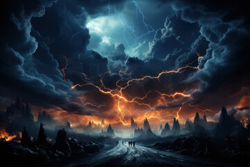 A dramatic thunderstorm with lightning illuminating a dark sky. Concept of nature's power and...