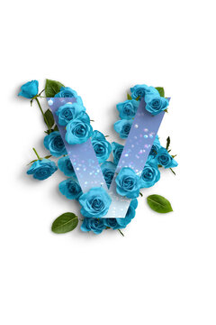 Alfabeto di carta con gruppo di rose blu  su sfondo bianco