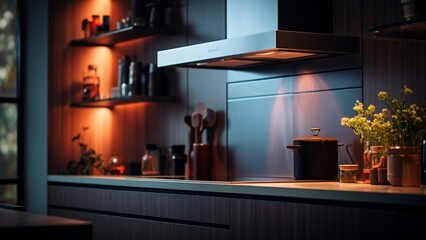 Photograph of a sleek modular chimney right in the kitchen with gas stove. It's a portrait-style, front view shot, zoomed in, with the chimney taking the spotlight.  - obrazy, fototapety, plakaty