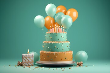 Colorful birthday cake isolated on blue background