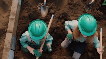  the little girl work in domestic garden. Directly above view of builders in hardhats and green waistcoats working at construction site