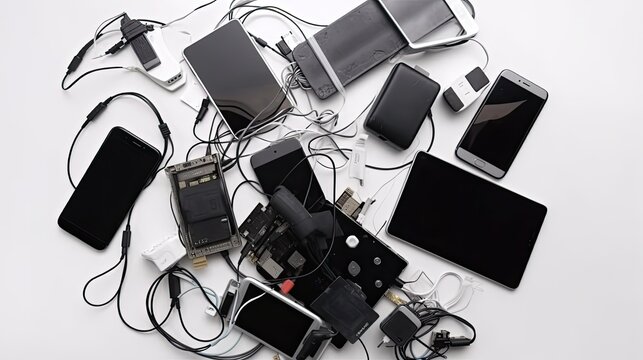  Top view to old digital tablet, mobile phones, cable, cords, used electronic gadgets devices on white table. Planned obsolescence, e - waste, electronic waste for recycling concept