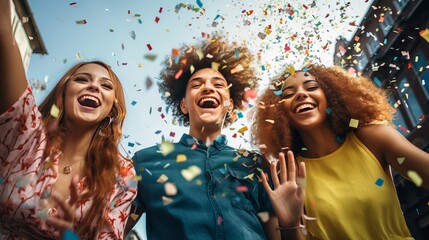 Obraz premium Fun in multiple colors. a joyful group of attractive young people dancing and flinging multicolored confetti