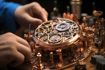 A precise watchmaker assembling intricate timepieces with precision tools. Concept of precision and artistry. Generative Ai.