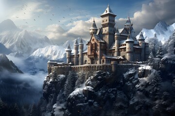 Abstract beautiful castle on the mountain in winter - obrazy, fototapety, plakaty