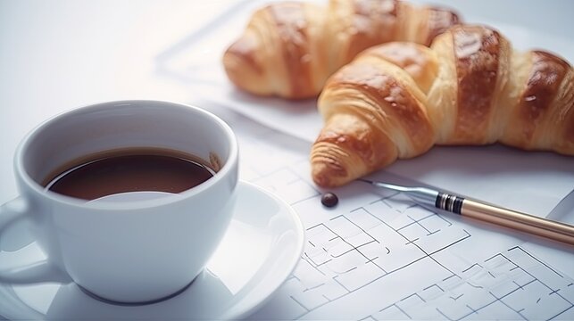  Writing on Sudoku puzzle with ballpoint penCroissant in bright white environment, with cup of coffee and milk and other croissant in blurry background. 