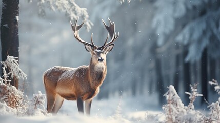 Mature male noble deer in a winter snow forest. Creative Christmas landscape in the winter.