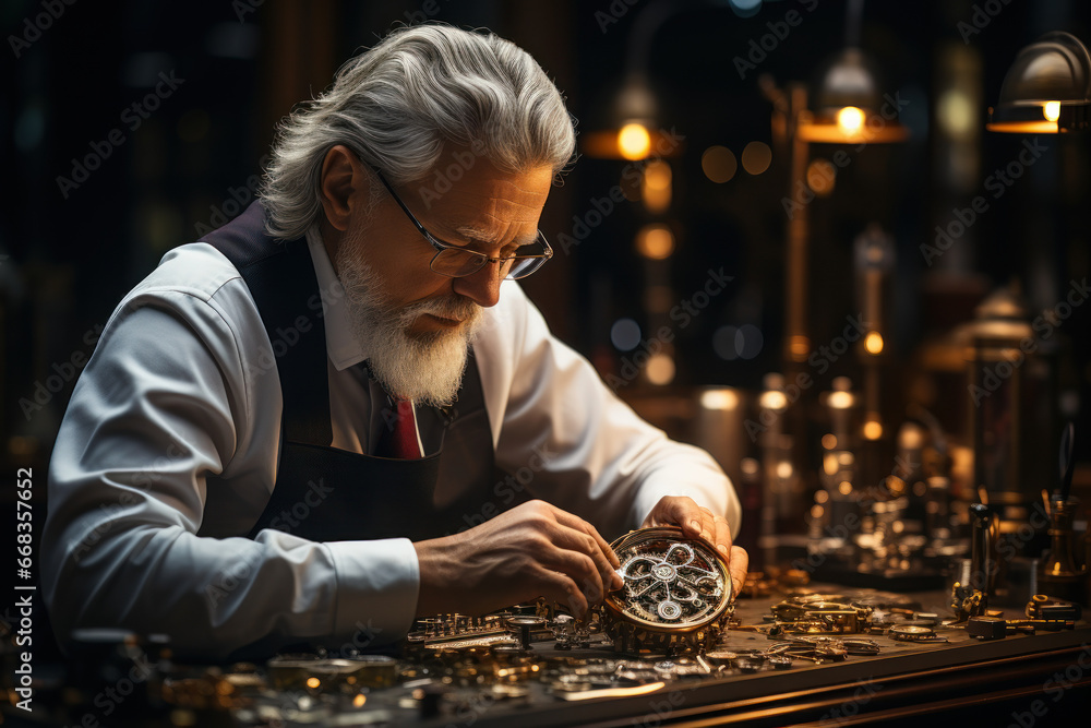 Poster A diligent watchmaker assembling intricate timepieces with meticulous care. Concept of precision and fine craftsmanship. Generative Ai.