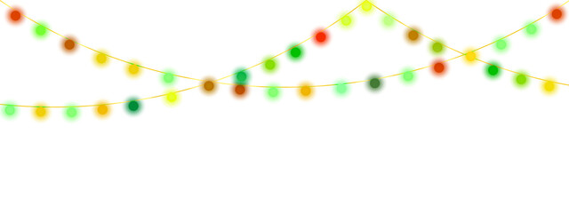 Christmas Decoration String Lights isolated on white transparent background. Festive Christmas Light gold garlands PNG.Colorful Small Led Lamps Shining	