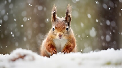 English wintertime scene with a cute red squirrel and snow falling.