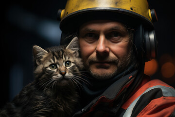 A dedicated firefighter rescuing a frightened kitten from a smoky building. Concept of heroism and compassion. Generative Ai.