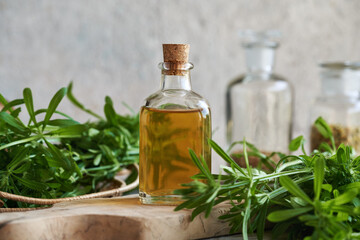 A bottle of herbal tincture with fresh cleavers or catchweed plant