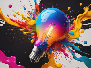 Creative light bulb explodes with colorful paint and splashes on a black background. Think differently creative idea concept