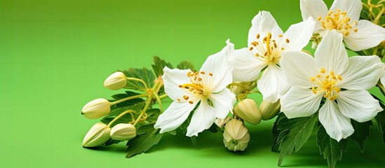 White and yellowish flowers green fruit and leaves on a green background signify the blooming of...