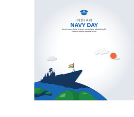 Free Vector Flat Indian Navy Day Social Media Concept With Warship And Flag, Indian Nausena