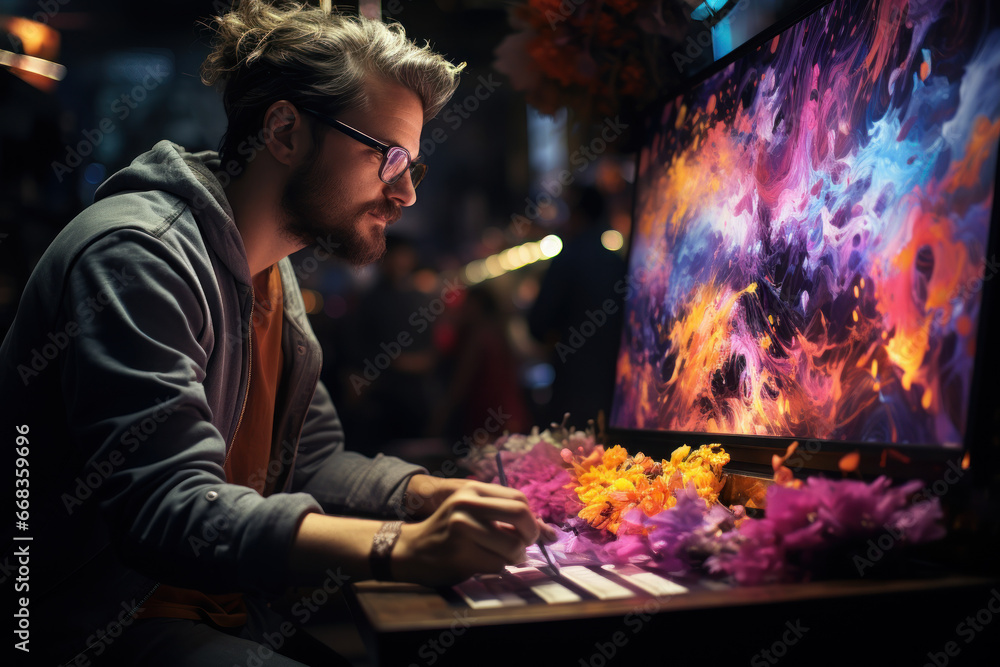 Poster an imaginative animator breathing life into vibrant characters on a digital canvas. concept of anima
