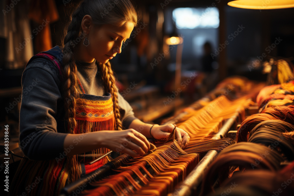 Poster a meticulous weaver crafting intricate patterns on a traditional loom with vibrant threads. concept 