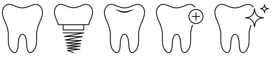 Set of teeth icons. Dentistry outline symbols. Vector illustration isolated on white background - obrazy, fototapety, plakaty