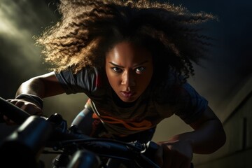 Fototapeta na wymiar Black Female Cycling Freestyle Backdrop Generative AI