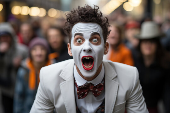 An expressive mime artist performing in a bustling city square, delighting passersby with silent humor. Concept of street performance and physical storytelling. Generative Ai.