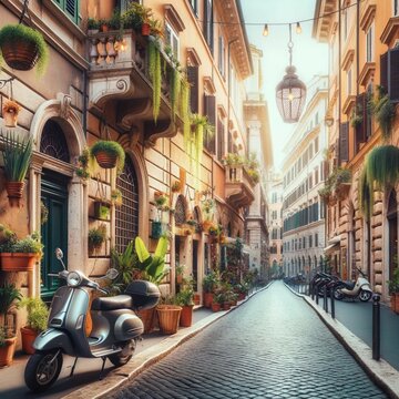 Photo of a charming Roman street lined with classic buildings, hanging plants, and a vintage scooter parked by the side