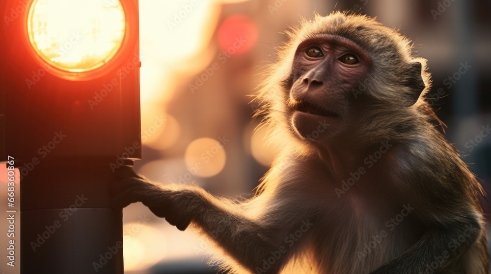 Poster a small monkey is standing next to a traffic light. generative ai.