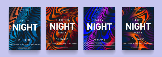 Trendy 3d Set Hot Night Dance Party. Abstract Background Strips Graphic Elements for Dance Party, Disco, Club Invitation, Festival Poster, Flyer. Modern Music Festival Vector Illustration. - obrazy, fototapety, plakaty