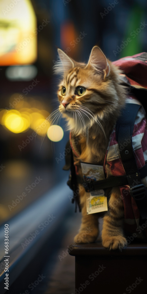 Poster a cat with a backpack is sitting on top of a suitcase. generative ai.