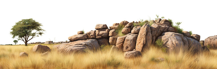 Savanna with faded grass and rocks, cut out - obrazy, fototapety, plakaty