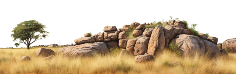 Savanna with faded grass and rocks, cut out