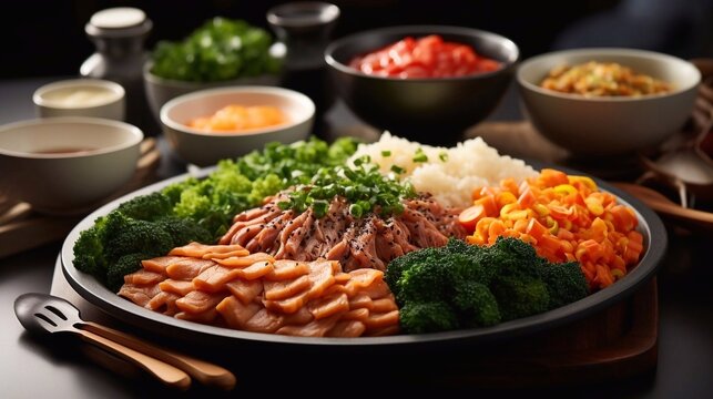 Korean food set served in tray with dishes on dark background. AI generated