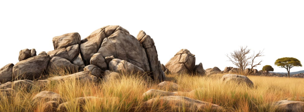 Savanna with faded grass and rocks, cut out