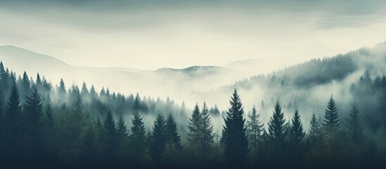 Retro style misty forest scenery with firs - obrazy, fototapety, plakaty