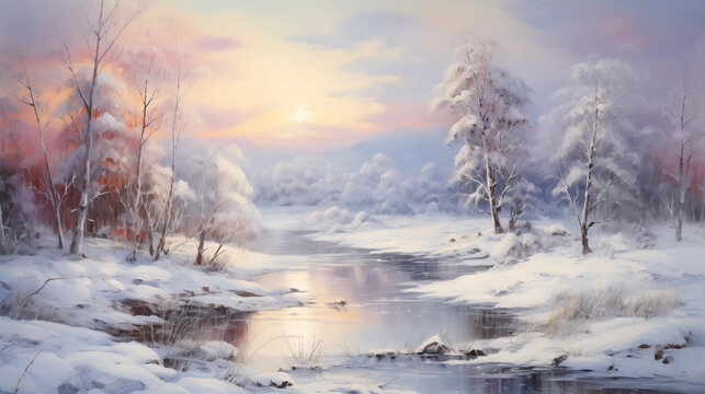 Beautiful landscape, art painting, frozen winter