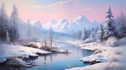 Fotobehang Lichtroze Beautiful landscape, art painting, frozen winter in the mountain