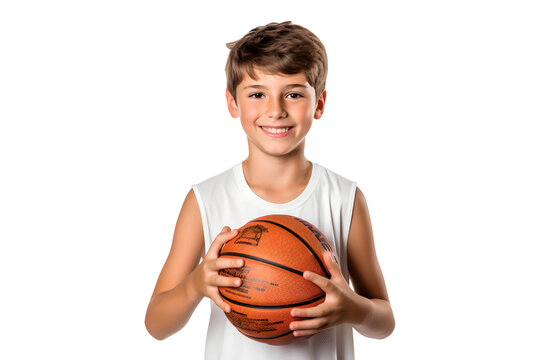 Kid wearing sports attire holding basketball (PNG) isolated on transparent background, AI
