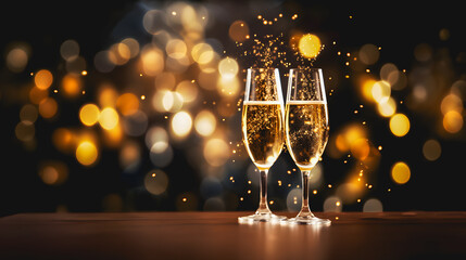 Deux flûtes à champagne posées sur une table pour célébrer une fête.  - obrazy, fototapety, plakaty