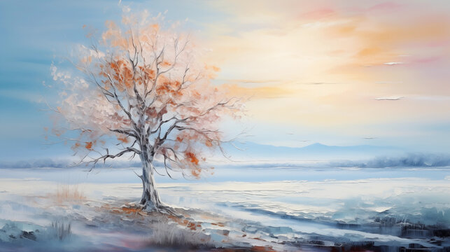 Abstract beautiful landscape, art painting, frozen winter