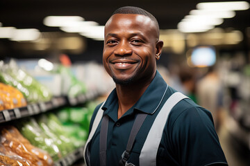 Supermarket seller posing smiling in the market. Cashier concept. Generative AI