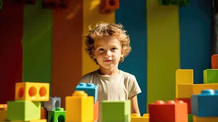 A little boy is playing with a pile of blocks. Generative AI.