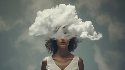 woman with her head in cloud, concept: depression, copy space, 16:9 - obrazy, fototapety, plakaty