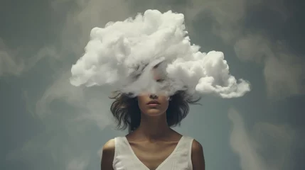 Poster woman with her head in cloud, concept: depression, copy space, 16:9 © Christian
