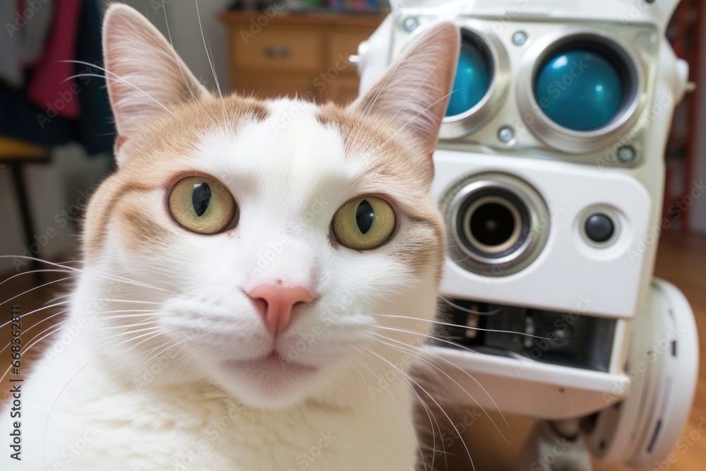 Poster a close-up of a cat near an old-style robot. generative ai.