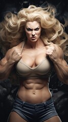 Naklejka premium A strong muscular woman with blonde hair posing for a picture. Generative AI.