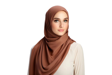 Muslim Woman wearing a Brown headscarf hijab (PNG Cutout) isolated on a transparent background, AI - obrazy, fototapety, plakaty