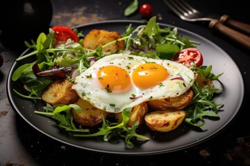 Fototapeta na wymiar A vibrant salad with sunny-side-up eggs and crispy potatoes on a black plate.