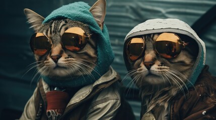 A couple of cats wearing sunglasses and a hat. Generative AI.