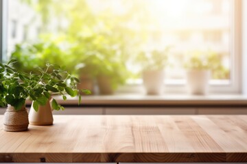 Fototapeta premium A serene scene of plants on a wooden table by a window with copy space for text or products.