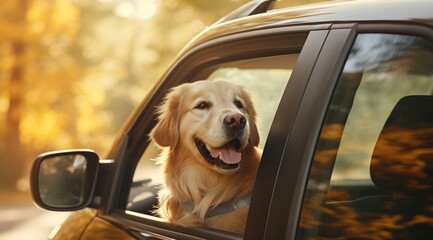 A golden retriever dog is sticking its head out the window of a car. Generative AI.