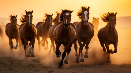 beautiful wild horses running in the field at sunset